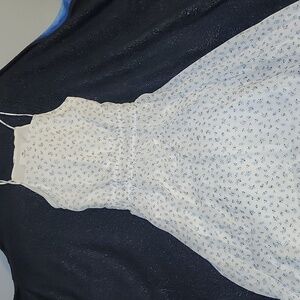 White w Blue Floral Print Midi Cottagecore Flowy Picnic Dress